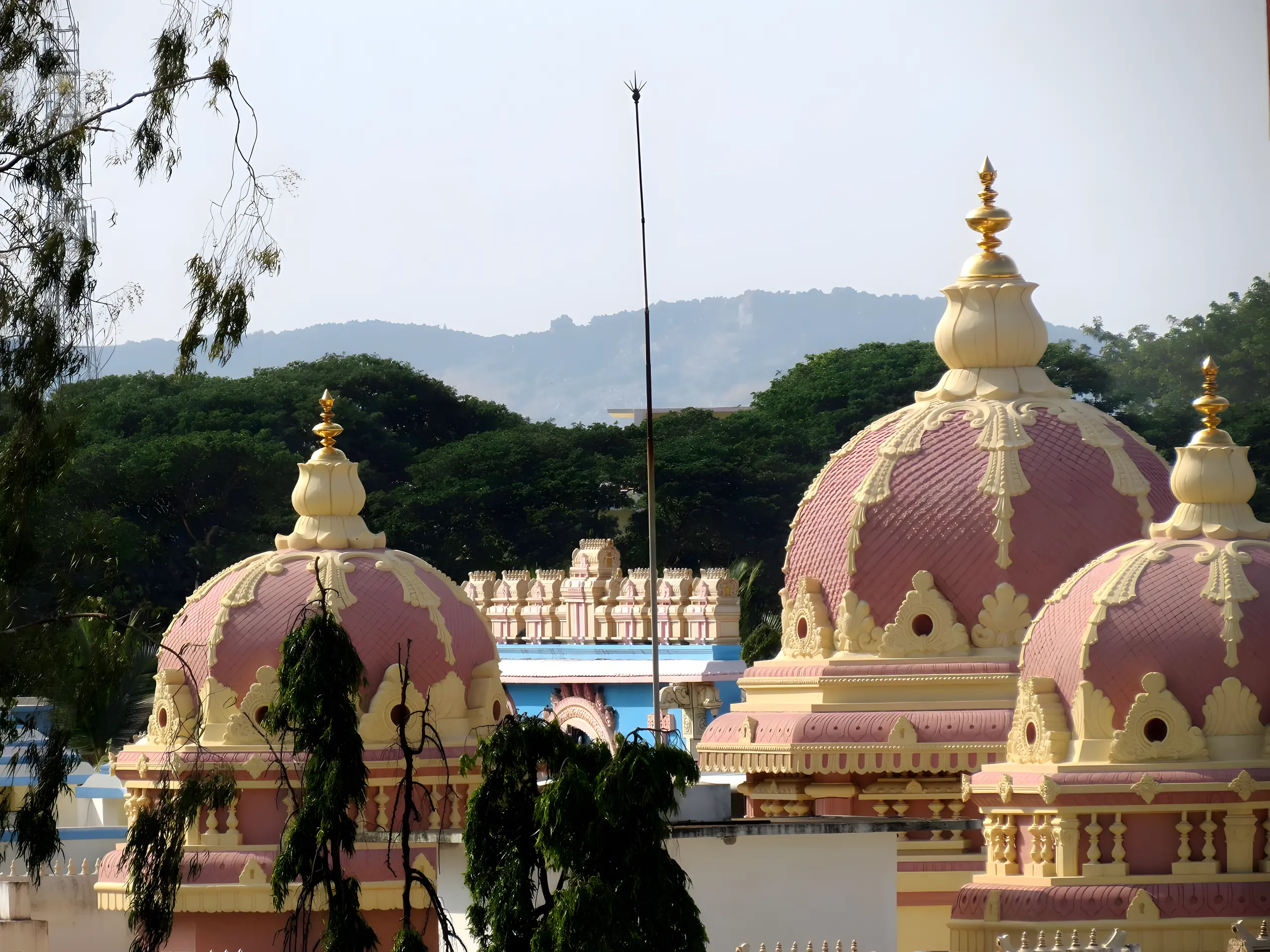 हरी पहाड़ियों की पृष्ठभूमि में प्रशांति निलयम के अलंकृत गुलाबी गुंबद